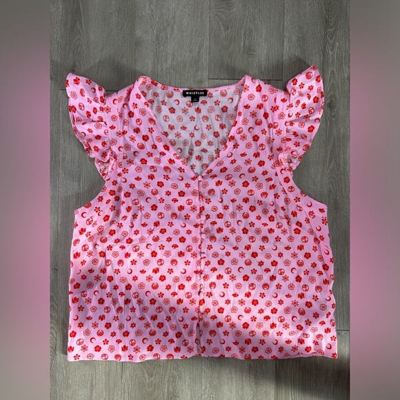 Pink Moon Floral Frill Sleeve Top-SZ 12 pink- ruffle- button up -valentine Linen - Picture 8 of 14